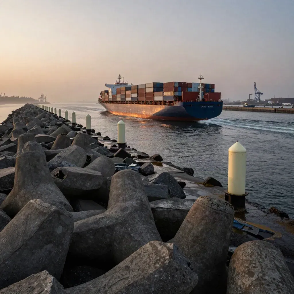 Container ship turns into a dusk shipping lane beside a skiff, markers, and breakwater stones.