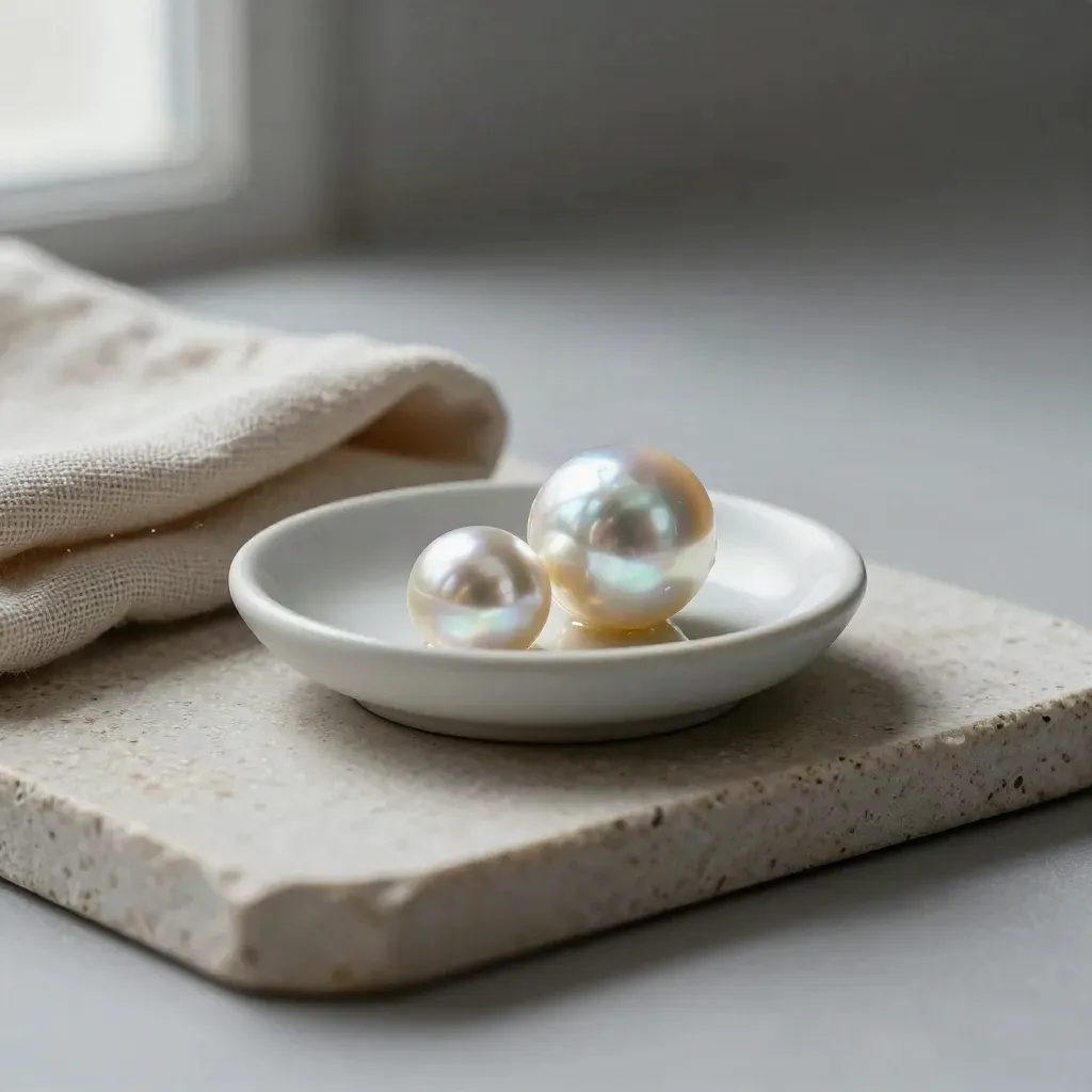 Wet South Sea pearls in a ceramic dish with linen on stone, softly lit